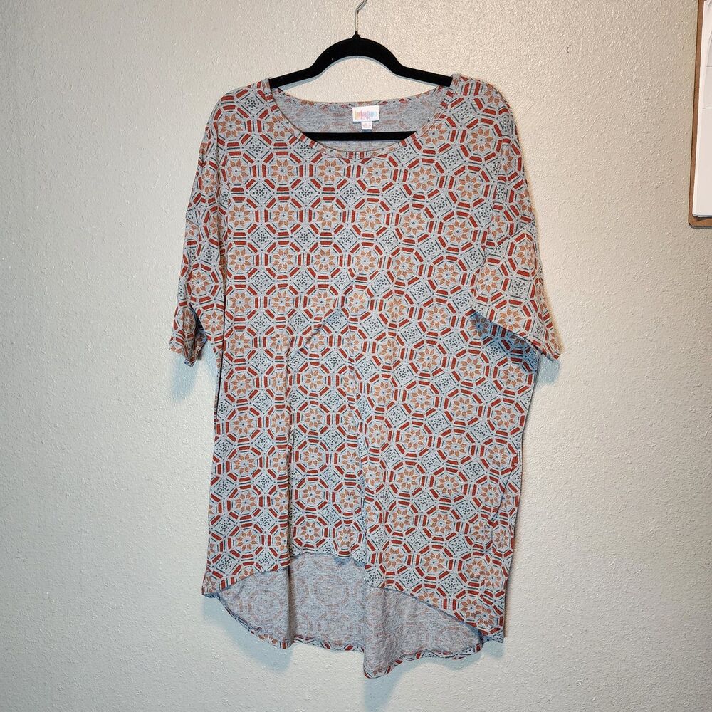 LuLaRoe Irma Tunic Top Grey Terracotta Geometric Print Oversized - Size Large